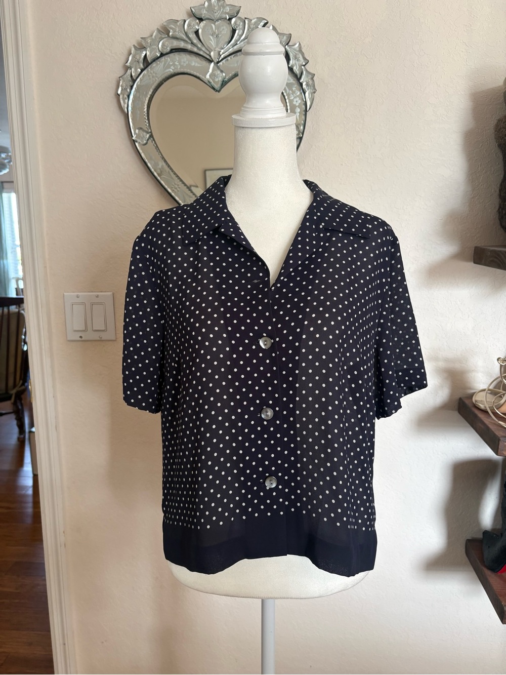 Talbots Navy and White Polka Dot Short Button-Down Blouse